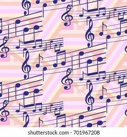 Endless abstract pattern. Background texture, note, treble clef, music, sound.  Vector illustration.