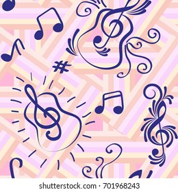 Endless abstract pattern. Background texture, note, treble clef, music, sound.  Vector illustration.