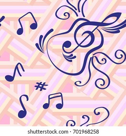 Endless abstract pattern. Background texture, note, treble clef, music, sound.  Vector illustration.