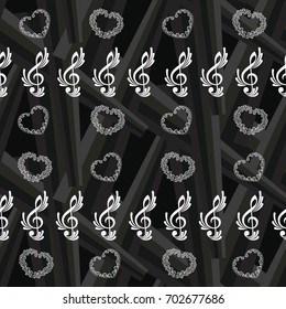 Endless abstract pattern. Background texture, note, treble clef, music, sound.  Vector illustration.