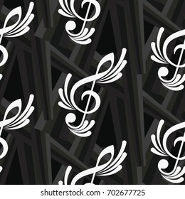 Endless abstract pattern. Background texture, note, treble clef, music, sound.  Vector illustration.