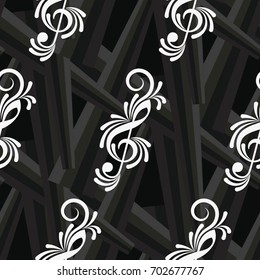 Endless abstract pattern. Background texture, note, treble clef, music, sound.  Vector illustration.