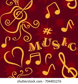Endless abstract pattern. Background texture, note, treble clef, music, sound.  Vector illustration.