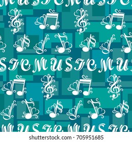 Endless abstract pattern. Background texture, note, treble clef, music, sound.  Vector illustration.