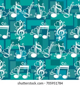 Endless abstract pattern. Background texture, note, treble clef, music, sound.  Vector illustration.