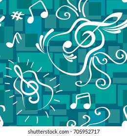 Endless abstract pattern. Background texture, note, treble clef, music, sound.  Vector illustration.