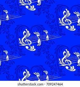 Endless abstract pattern. Background texture, note, treble clef, music, sound.  Vector illustration.