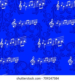 Endless abstract pattern. Background texture, note, treble clef, music, sound.  Vector illustration.