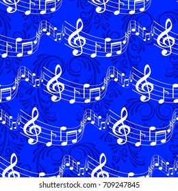 Endless abstract pattern. Background texture, note, treble clef, music, sound.  Vector illustration.
