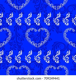 Endless abstract pattern. Background texture, note, treble clef, music, sound.  Vector illustration.