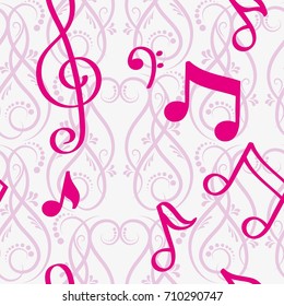 Endless abstract pattern. Background texture, note, treble clef, music, sound.  Vector illustration.