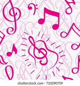 Endless abstract pattern. Background texture, note, treble clef, music, sound.  Vector illustration.
