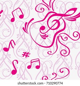 Endless abstract pattern. Background texture, note, treble clef, music, sound.  Vector illustration.