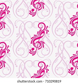 Endless abstract pattern. Background texture, note, treble clef, music, sound.  Vector illustration.