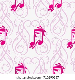 Endless abstract pattern. Background texture, note, treble clef, music, sound.  Vector illustration.