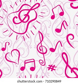 Endless abstract pattern. Background texture, note, treble clef, music, sound.  Vector illustration.