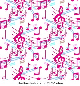 Endless abstract pattern. Background texture, note, treble clef, music, sound.  Vector illustration.