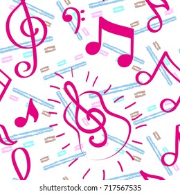 Endless abstract pattern. Background texture, note, treble clef, music, sound.  Vector illustration.