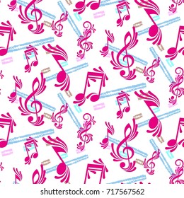Endless abstract pattern. Background texture, note, treble clef, music, sound.  Vector illustration.