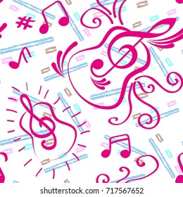Endless abstract pattern. Background texture, note, treble clef, music, sound.  Vector illustration.