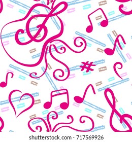 Endless abstract pattern. Background texture, note, treble clef, music, sound.  Vector illustration.