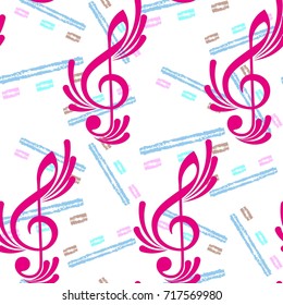 Endless abstract pattern. Background texture, note, treble clef, music, sound.  Vector illustration.
