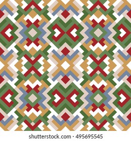 Endless abstract pattern for design. Vector geometric background of triangles and squares in green, red and blue colors. Texture for  textile, clown, carpeting, warp, book cover. Universal backdrop