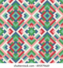 Endless abstract pattern for design. Vector endless geometric background of triangles in green, blue and red colors. Texture for textile, clown, carpeting, warp, book cover, clothes