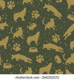 Endless abstract pattern of wolves on a dark background.