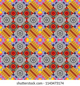 Endless abstract seamless pattern. Yellow, violet and gray background texture. Vector illustration.