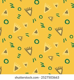 Endless abstract tribal pattern with geometric shapes, circles, and lines on a yellow background. African background in warm tones.