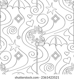 Endless Aesthetic Texture with Cute Magical Star Wands. Trendy Kids Print. Fantasy Seamless Pattern. Vector Contour Illustration. Coloring Book Page