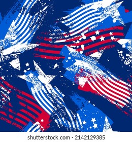 Endless american style pattern. Seamless USA flag print for wrapping paper, sport textile, clothes. Red, blue and white grunge ornament.