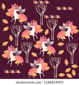  Endless animal pattern. Fairy winged unicorns with manes and tails in shape of autumn leaves and crown in form of lily flowers in the forest. Print for fabric in vector.