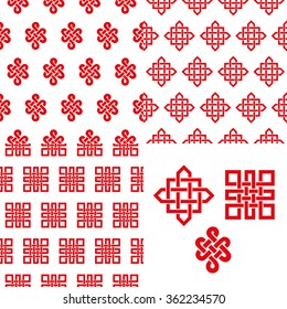 Endless Auspicious knot seamless pattern set.China,Tibet,Eternal,Buddhism and Spirituality icon,symbol.Vector red sign.Feng  Shui traditional element,geometric ornament.For backdrop,wrap,background