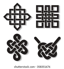 Endless Auspicious Knot Set.China Ornament,symbol,Tibet, Eternal ,Buddhism And Spirituality Icon,symbol.Vector Black Sign.Feng Shui Element,geometric Ornament.Sacred Geometry.For Logo, Design Project 