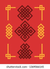 Endless Auspicious knots set. China ornament - symbol of Tibet, Eternal, Buddhism and Spirituality. Feng Shui element, geometric ornament. Sacred geometry.