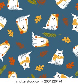 Endless autumn background. Cute white sad cat in a hat and a scarf among the autumn leaves. Seamless repeat pattern. Cartoon doodle. Vector pattern, design for cover, textile, packaging, paper