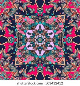 Endless autumn pattern with Mandala and birds. Silk scarf. Pillowcase. Rug. Indian motives.