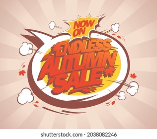 Endless autumn sale now on, seasonal autumn discounts web banner design mockup with speech bubble