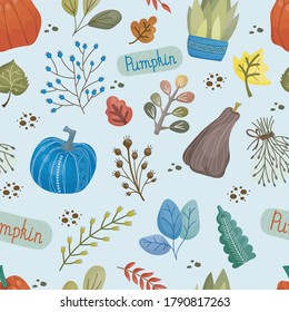 Endless autumn theme pattern with blue pumpkins, lettering, leaves and other decorative elements in flat cartoon hygge style