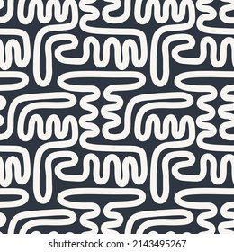 Endless aztec maze seamless pattern with curved white lines on black background. High contrast ethnic modern eye catching vector design.