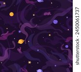 Endless backdrop with dark open space. Repeatable pattern of planets, stars in cosmos. Galaxy, universe, solar system, night sky on background. Astrology, astronomy. Flat seamless vector illustration