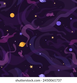 Endless backdrop with dark open space. Repeatable pattern of planets, stars in cosmos. Galaxy, universe, solar system, night sky on background. Astrology, astronomy. Flat seamless vector illustration