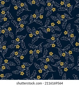 Endless background with abstract branches and flowers. Simple design, texture on a dark background. Seamless Repeat Pattern. Vector pattern for textile, packaging, paper, wallpaper.