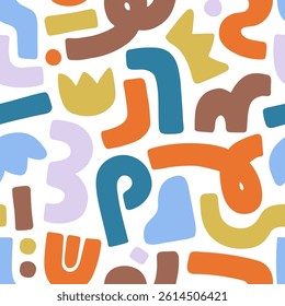 Endless background with abstract doodles. Repeatable pattern of geometric shapes, creative scribbles, colourful crooked elements and figures, different curved lines. Flat seamless vector illustration