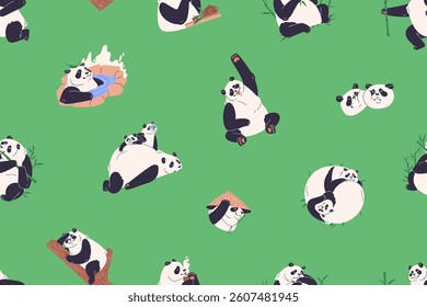 Endless background with amusing pandas. Repeatable pattern of cute Asian bear families, couples, mother with babies. Funny Chinese animals eating bamboo, relax. Flat seamless vector illustration.