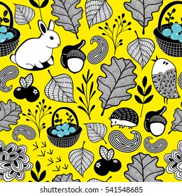 Endless background with autumn leaves and forest animals. Vector pattern.