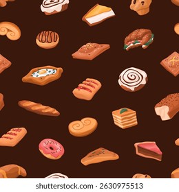 Endless background with bakery, fresh pastry, baked goods. Repeatable pattern of flour desserts, food: croissants, muffins, flaky buns, donuts, cheesecakes, baguette. Flat seamless vector illustration