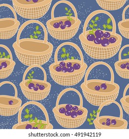 Endless background with baskets full of berries. Vector colorful pattern.